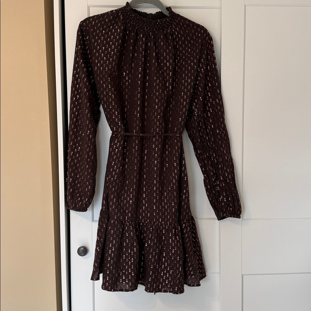Gap Womens Brown Mockneck Metallic Mini DressTie waist Boho Size X-Large